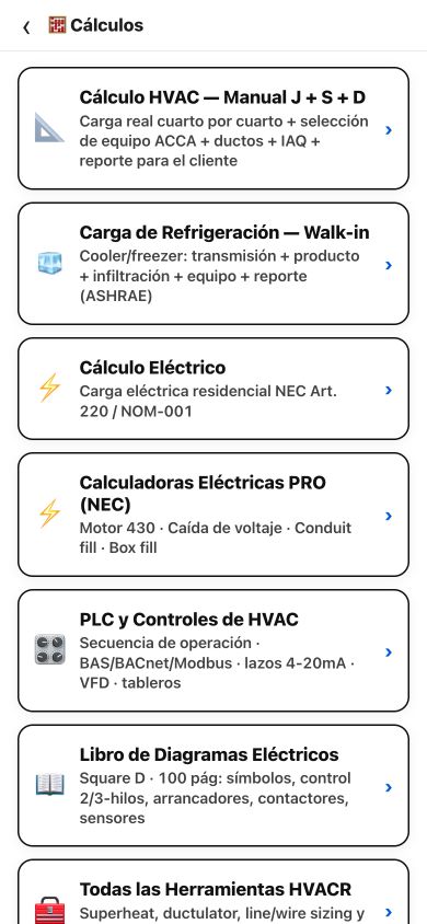Pantalla actual de cálculos: Manual J S D, carga de refrigeración, cálculo eléctrico NEC y controles HVAC
