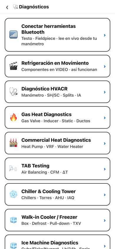 Pantalla actual de diagnósticos: Bluetooth Testo y Fieldpiece, HVACR, calefacción, chillers y refrigeración