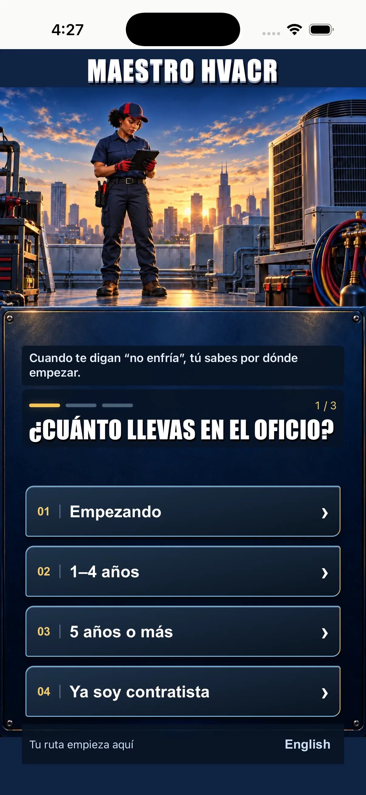 Maestro HVACR en el simulador de iPhone 17: bienvenida en español y selección de experiencia en el oficio